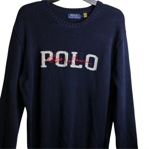 POLO RALPH LAUREN Men's Navy Script Logo Iconic Intarsia Knit Cotton Sweater